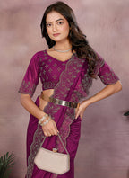 Vellora Wine Lycra Swarovski Stone Work Party Wear Saree - Distacart