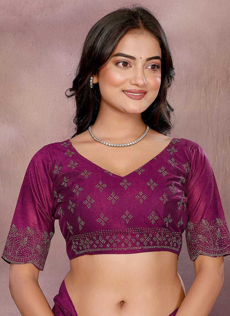 Vellora Wine Lycra Swarovski Stone Work Party Wear Saree - Distacart