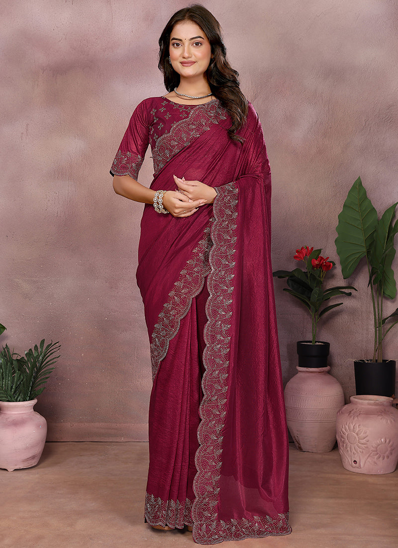 Vellora Maroon Lycra Swarovski Stone Work Designer Saree - Distacart