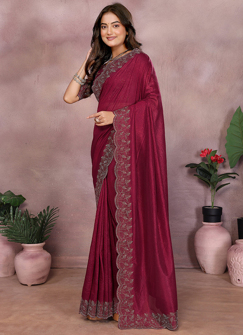 Vellora Maroon Lycra Swarovski Stone Work Designer Saree - Distacart