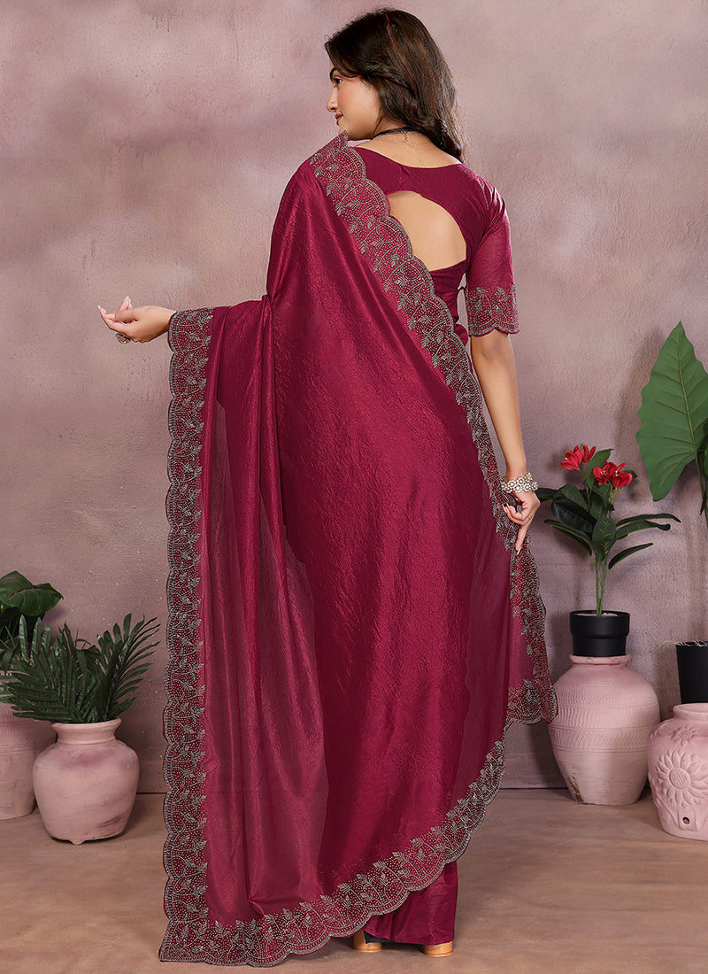Vellora Maroon Lycra Swarovski Stone Work Designer Saree - Distacart