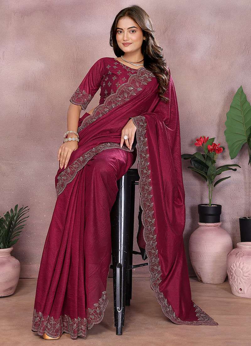 Vellora Maroon Lycra Swarovski Stone Work Designer Saree - Distacart