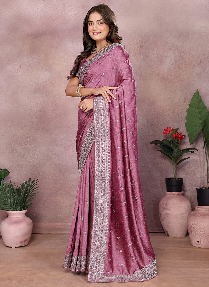 Vellora Dusty Pink Vichitra Silk Embroidery Work Saree - Distacart