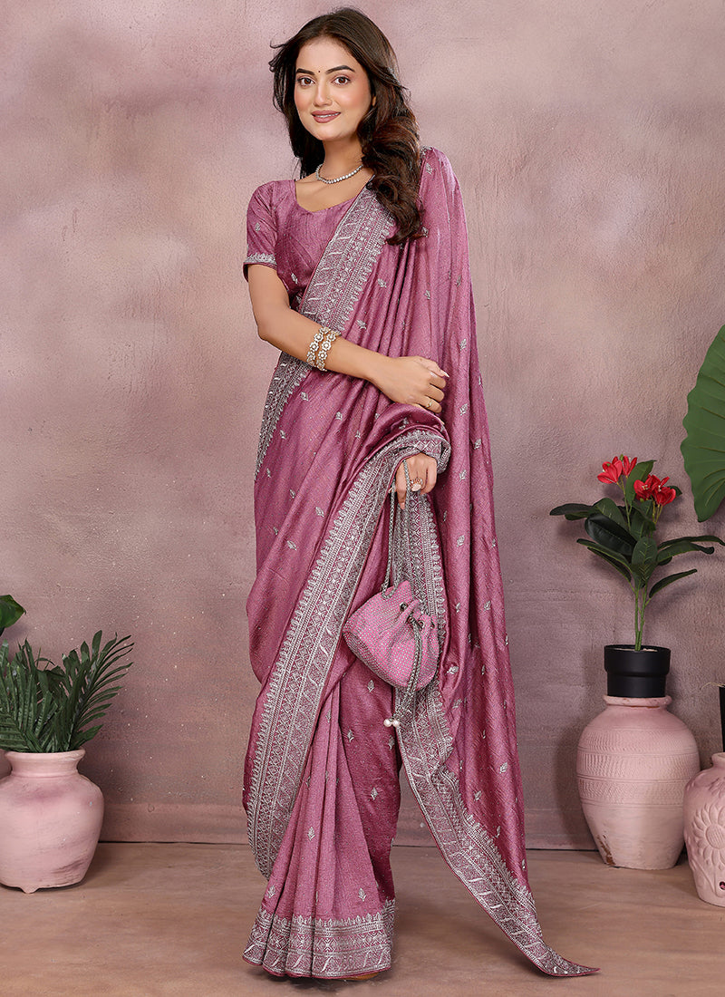 Vellora Dusty Pink Vichitra Silk Embroidery Work Saree - Distacart
