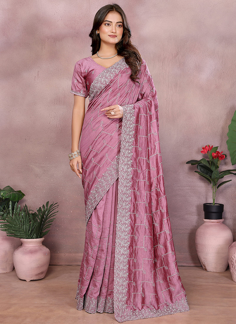 Vellora Dusty Pink Vichitra Silk Embroidery Work Designer Saree - Distacart
