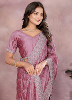 Vellora Dusty Pink Vichitra Silk Embroidery Work Designer Saree - Distacart
