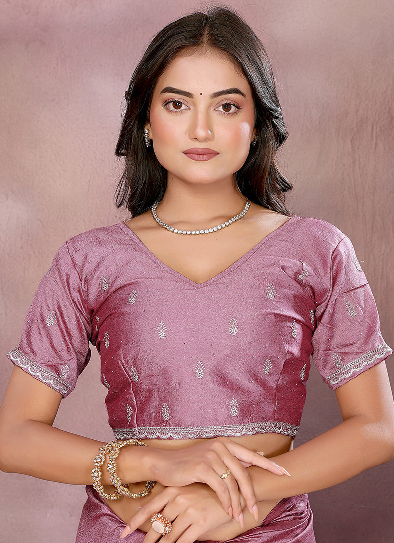 Vellora Dusty Pink Vichitra Silk Embroidery Work Designer Saree - Distacart
