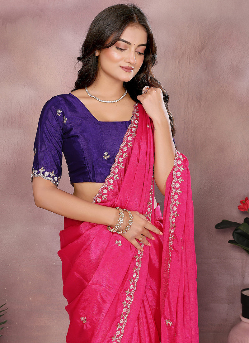 Vellora Rani Chinon Embroidery & Hand Moti Work Saree - Distacart