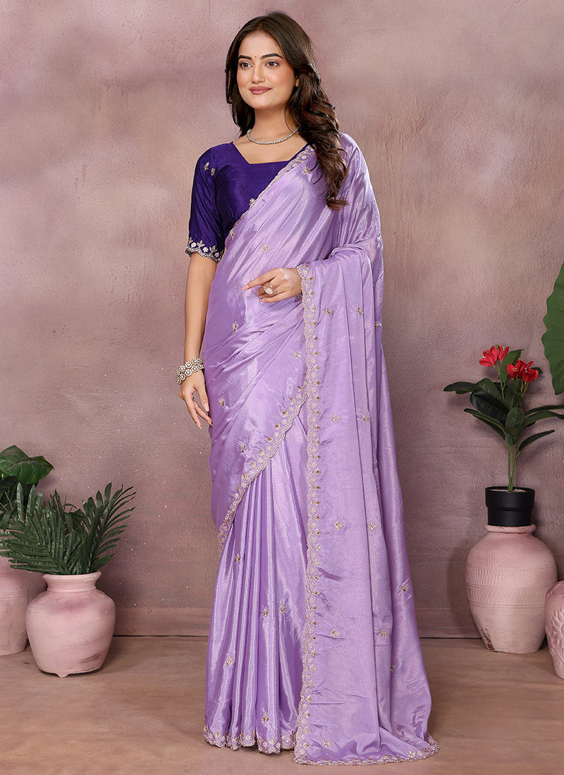 Vellora Purple Chinon Embroidery & Hand Moti Work Saree - Distacart