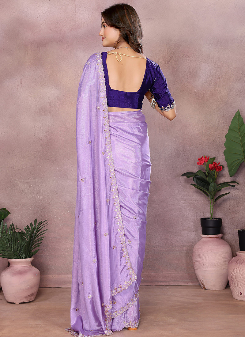 Vellora Purple Chinon Embroidery & Hand Moti Work Saree - Distacart