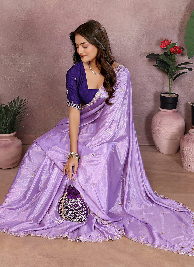 Vellora Purple Chinon Embroidery & Hand Moti Work Saree - Distacart