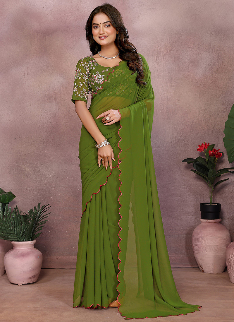 Vellora Mehendi Green Georgette Sequin Work Saree - Distacart