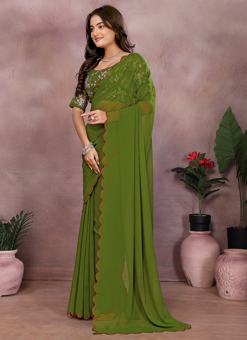 Vellora Mehendi Green Georgette Sequin Work Saree - Distacart