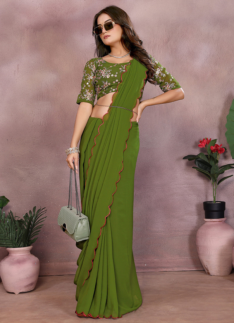 Vellora Mehendi Green Georgette Sequin Work Saree - Distacart