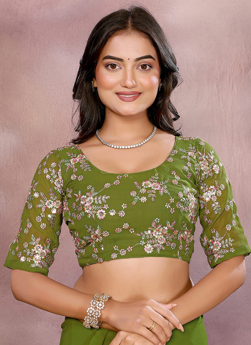 Vellora Mehendi Green Georgette Sequin Work Saree - Distacart