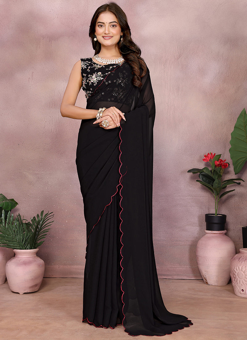 Vellora Black Georgette Sequin Work Party Wear Saree - Distacart