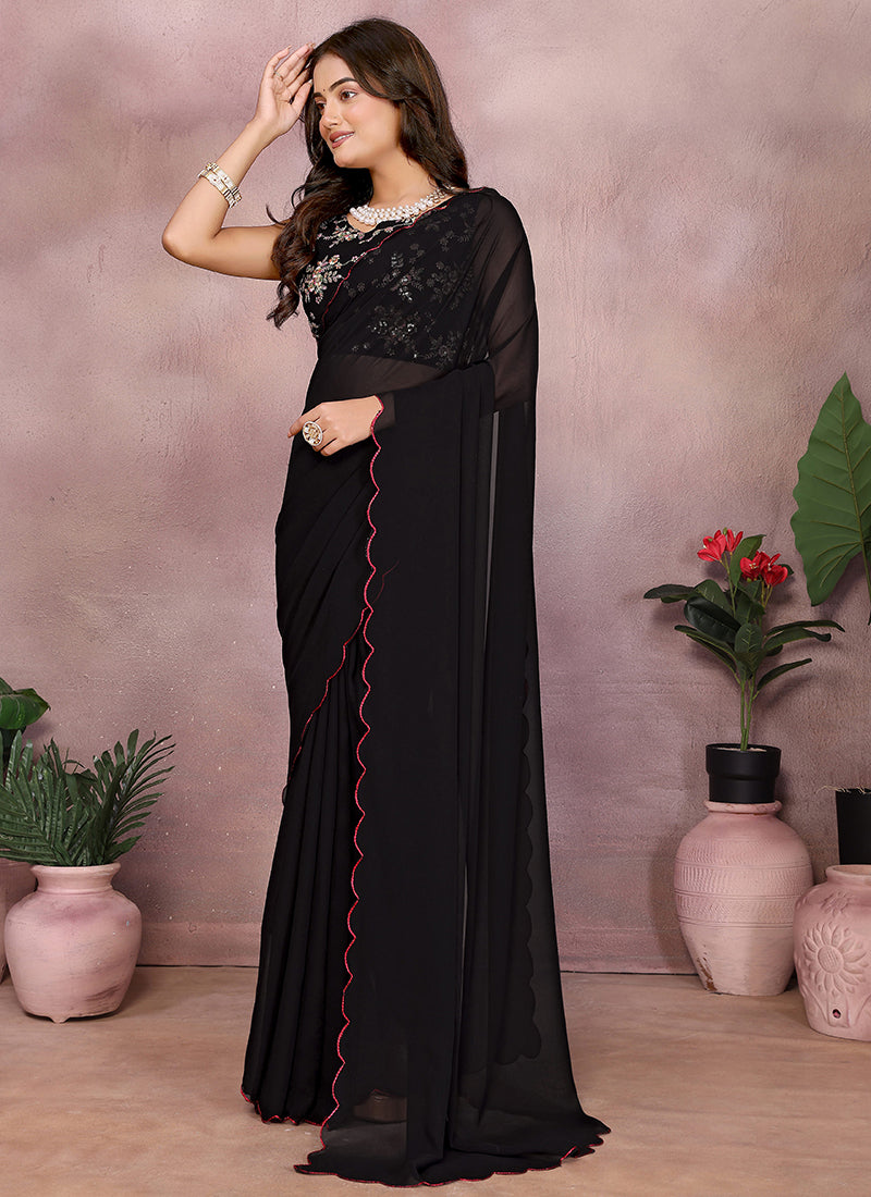 Vellora Black Georgette Sequin Work Party Wear Saree - Distacart