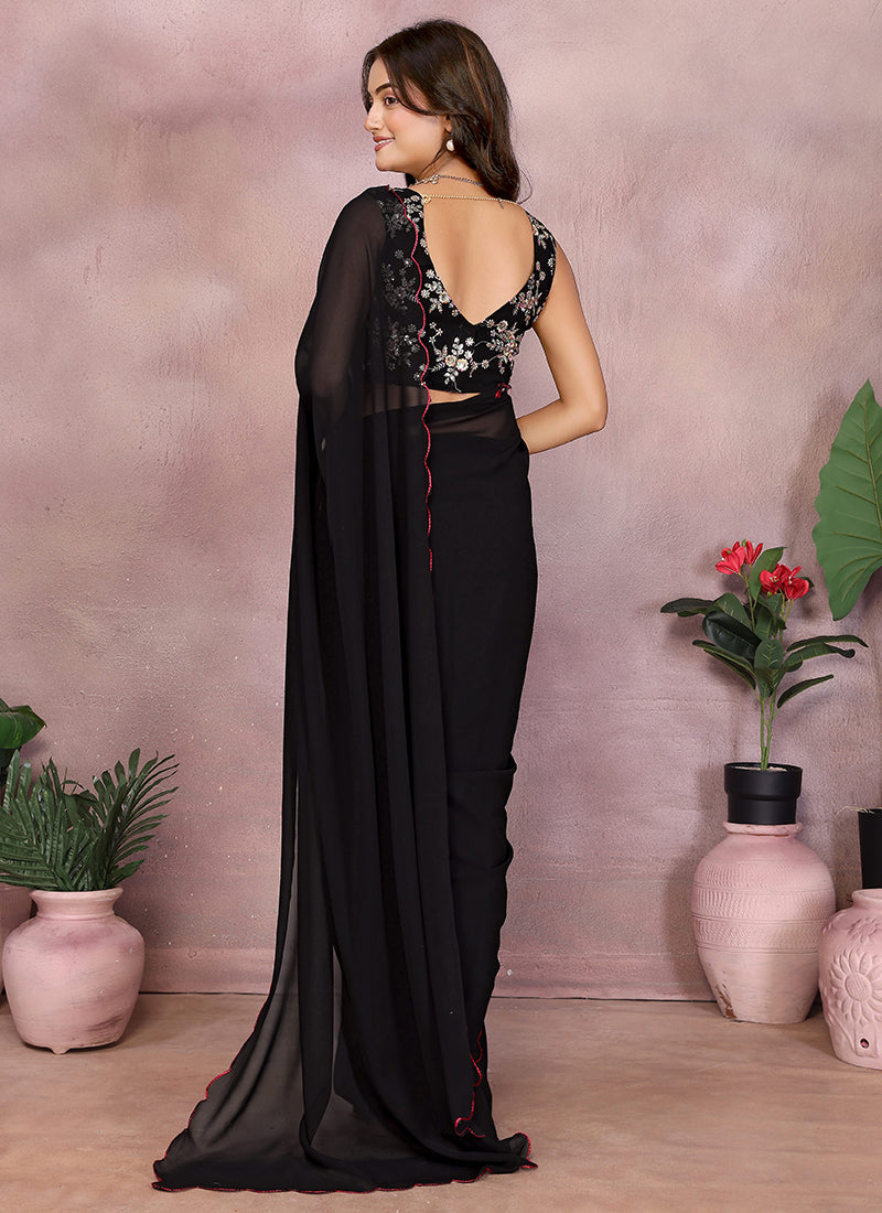 Vellora Black Georgette Sequin Work Party Wear Saree - Distacart