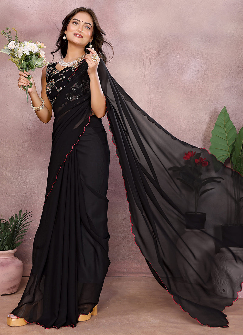 Vellora Black Georgette Sequin Work Party Wear Saree - Distacart