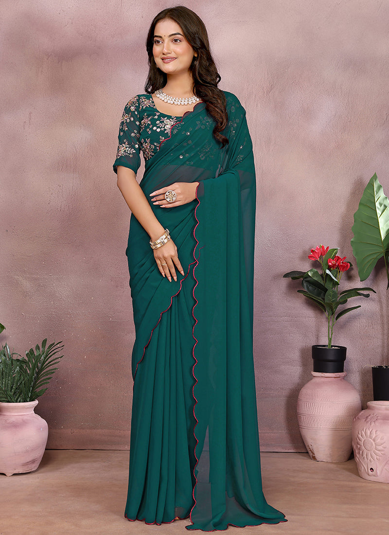 Vellora Rama Green Georgette Sequin Work Saree - Distacart