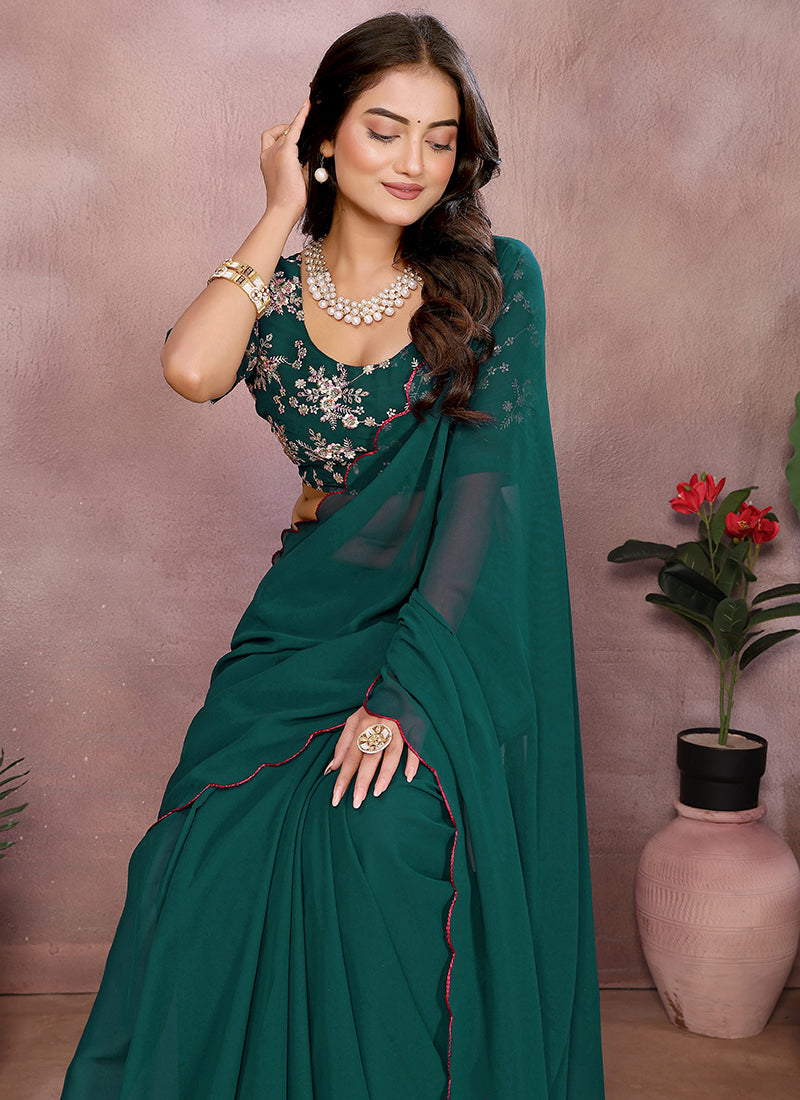 Vellora Rama Green Georgette Sequin Work Saree - Distacart