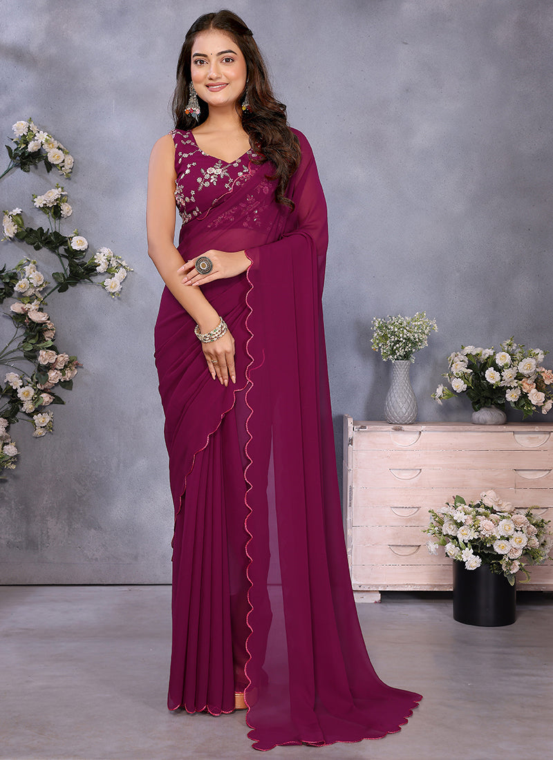 Vellora Wine Georgette Sequin Work Party Saree - Distacart