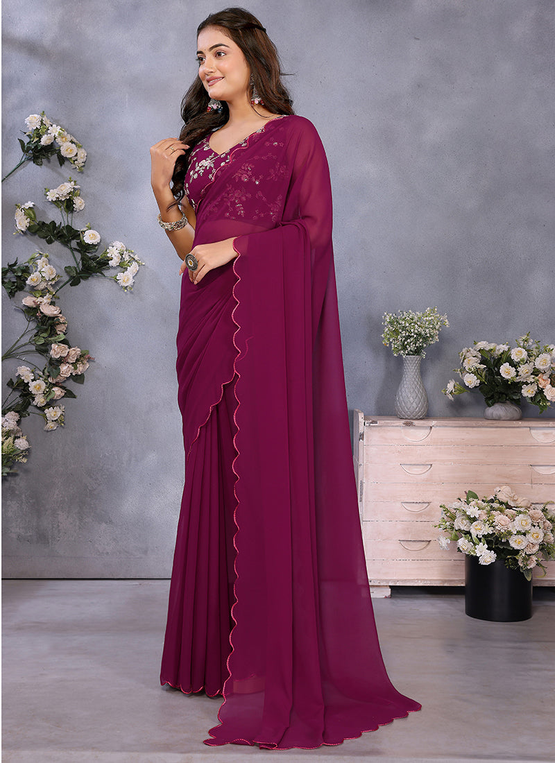Vellora Wine Georgette Sequin Work Party Saree - Distacart
