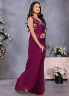 Vellora Wine Georgette Sequin Work Party Saree - Distacart