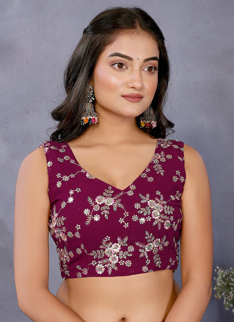Vellora Wine Georgette Sequin Work Party Saree - Distacart