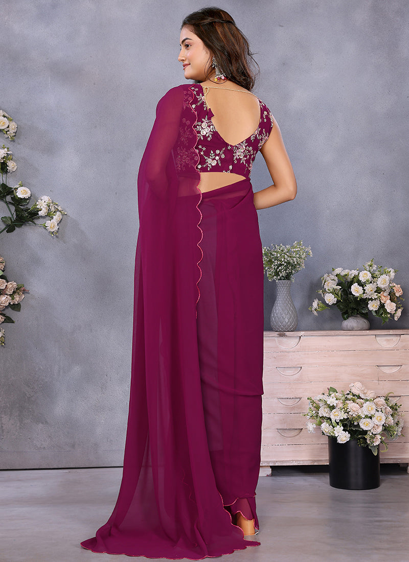 Vellora Wine Georgette Sequin Work Party Saree - Distacart