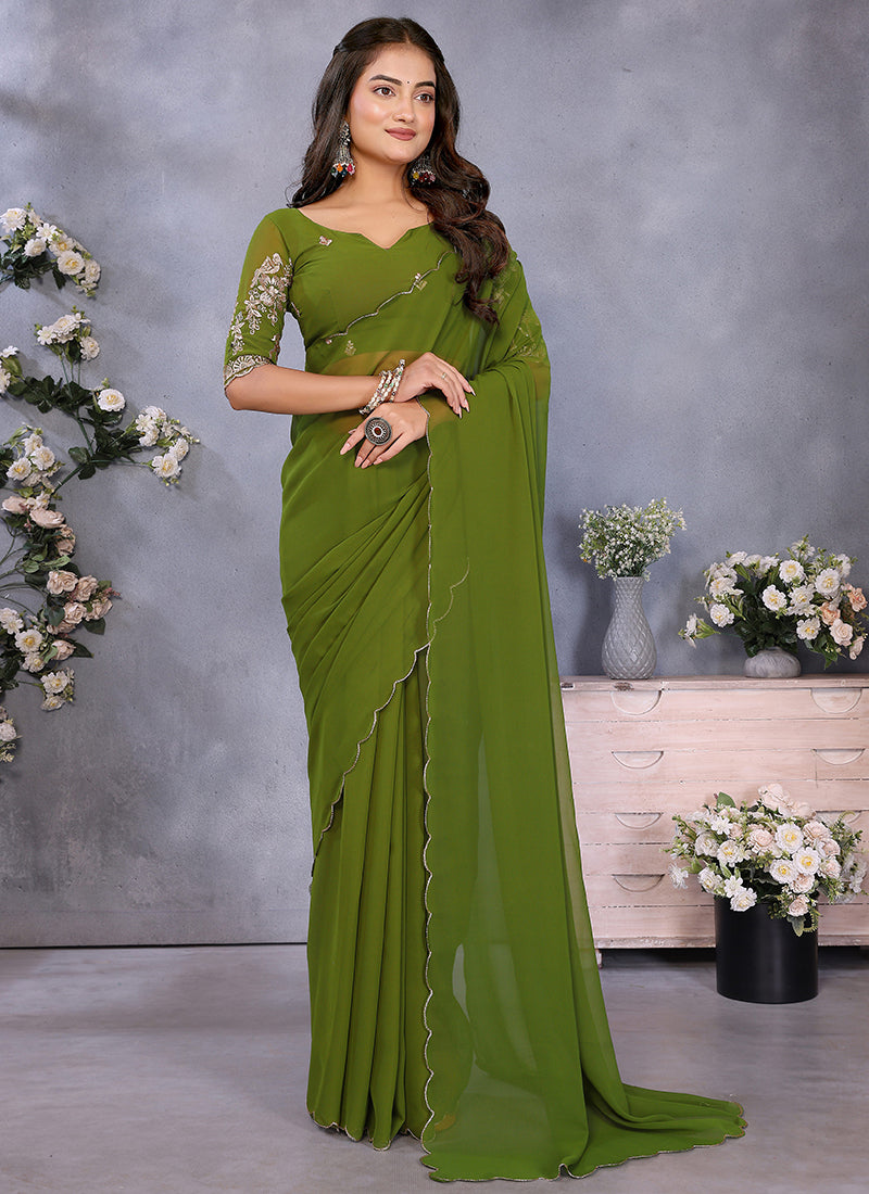 Vellora Mehendi Georgette Embroidery Zari Work Saree - Distacart