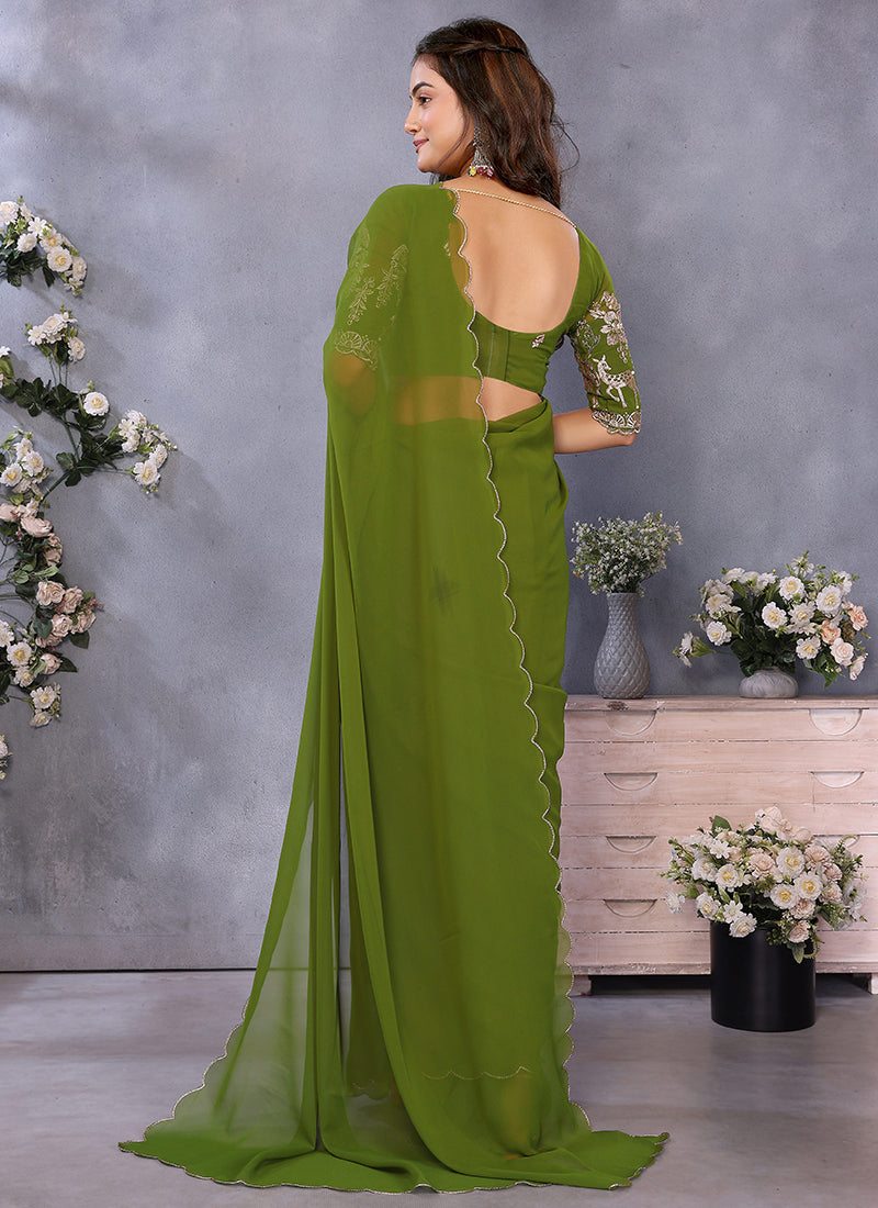 Vellora Mehendi Georgette Embroidery Zari Work Saree - Distacart