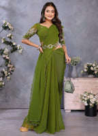 Vellora Mehendi Georgette Embroidery Zari Work Saree - Distacart
