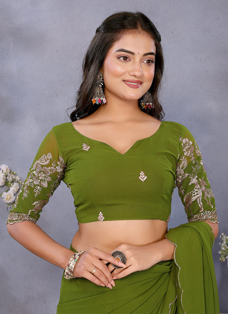 Vellora Mehendi Georgette Embroidery Zari Work Saree - Distacart