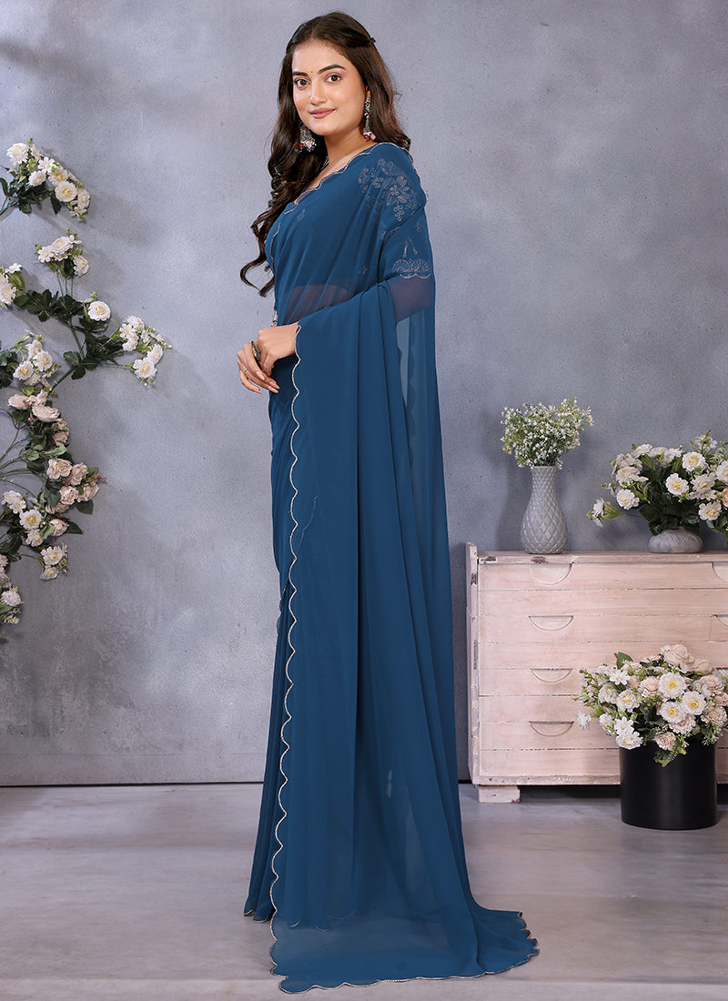 Vellora Navy Blue Georgette Embroidery Zari Work Saree - Distacart