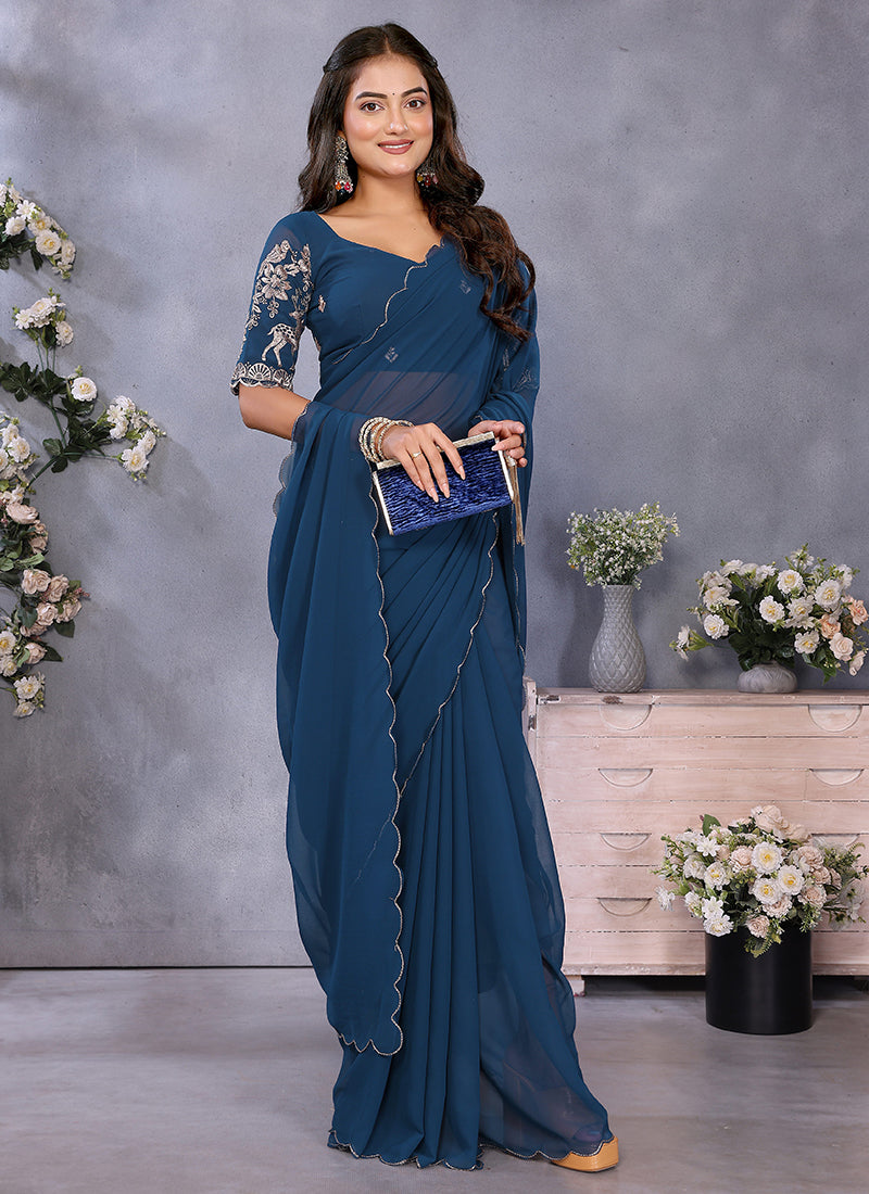 Vellora Navy Blue Georgette Embroidery Zari Work Saree - Distacart