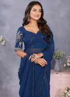 Vellora Navy Blue Georgette Embroidery Zari Work Saree - Distacart