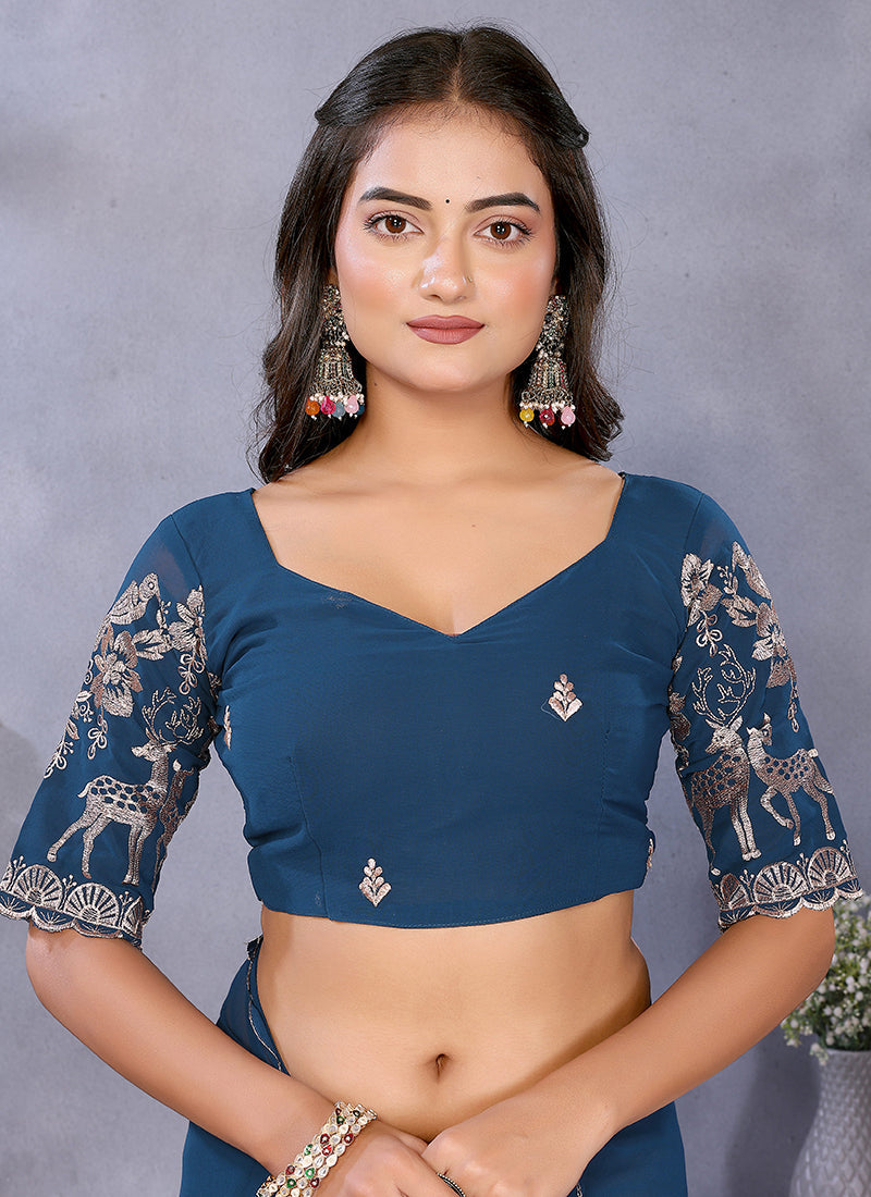 Vellora Navy Blue Georgette Embroidery Zari Work Saree - Distacart