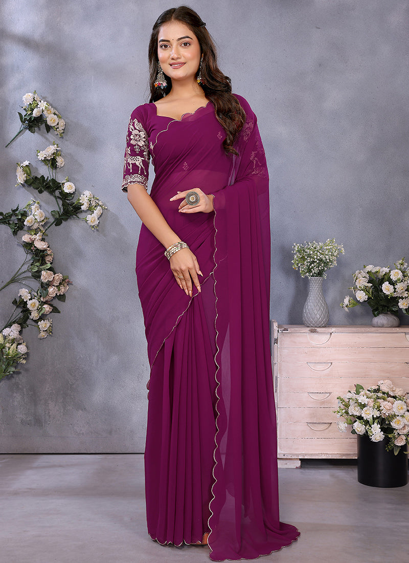 Vellora Wine Georgette Embroidery Zari Work Saree - Distacart