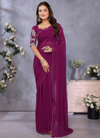 Vellora Wine Georgette Embroidery Zari Work Saree - Distacart