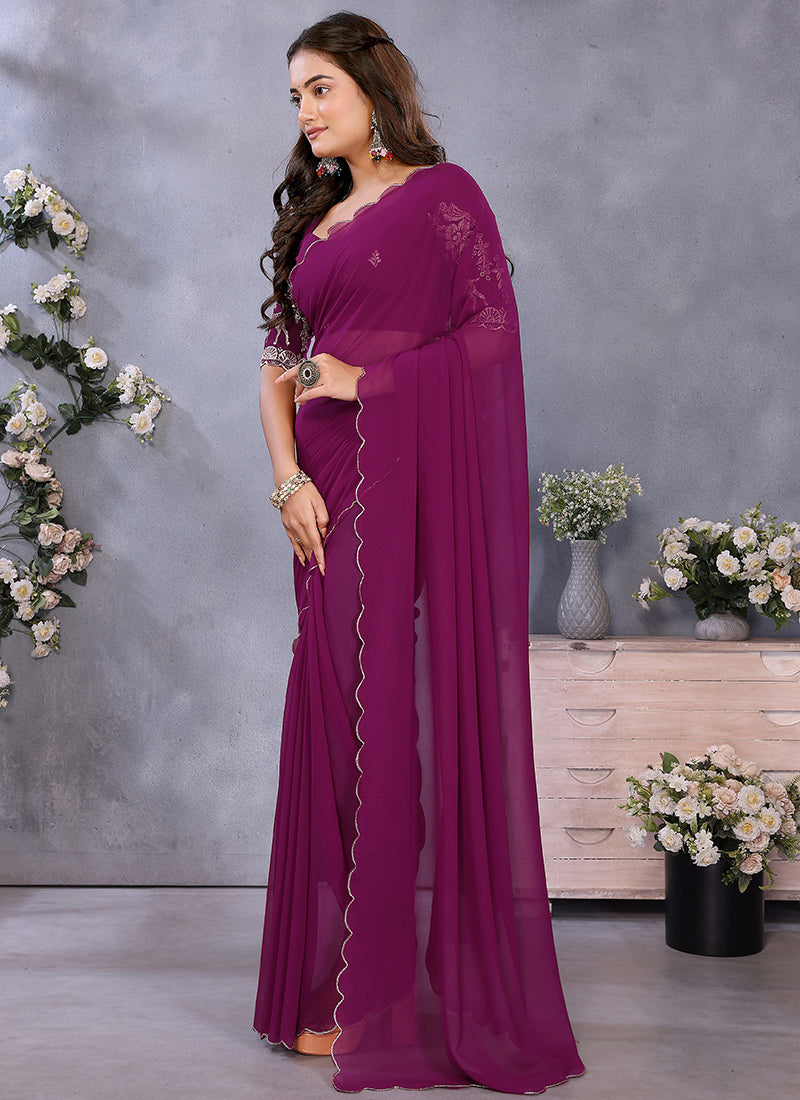 Vellora Wine Georgette Embroidery Zari Work Saree - Distacart