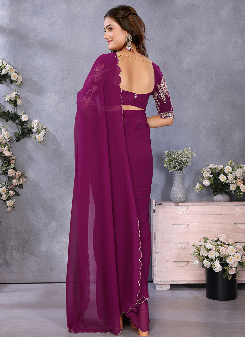 Vellora Wine Georgette Embroidery Zari Work Saree - Distacart