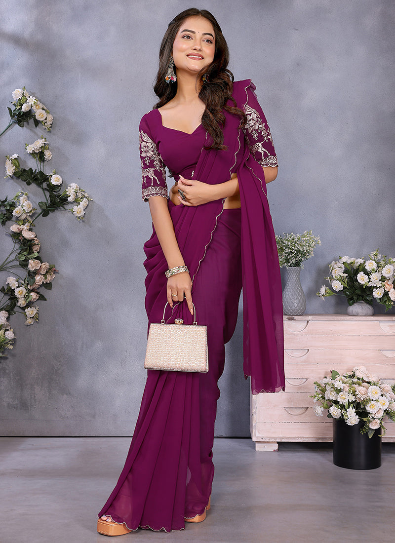 Vellora Wine Georgette Embroidery Zari Work Saree - Distacart
