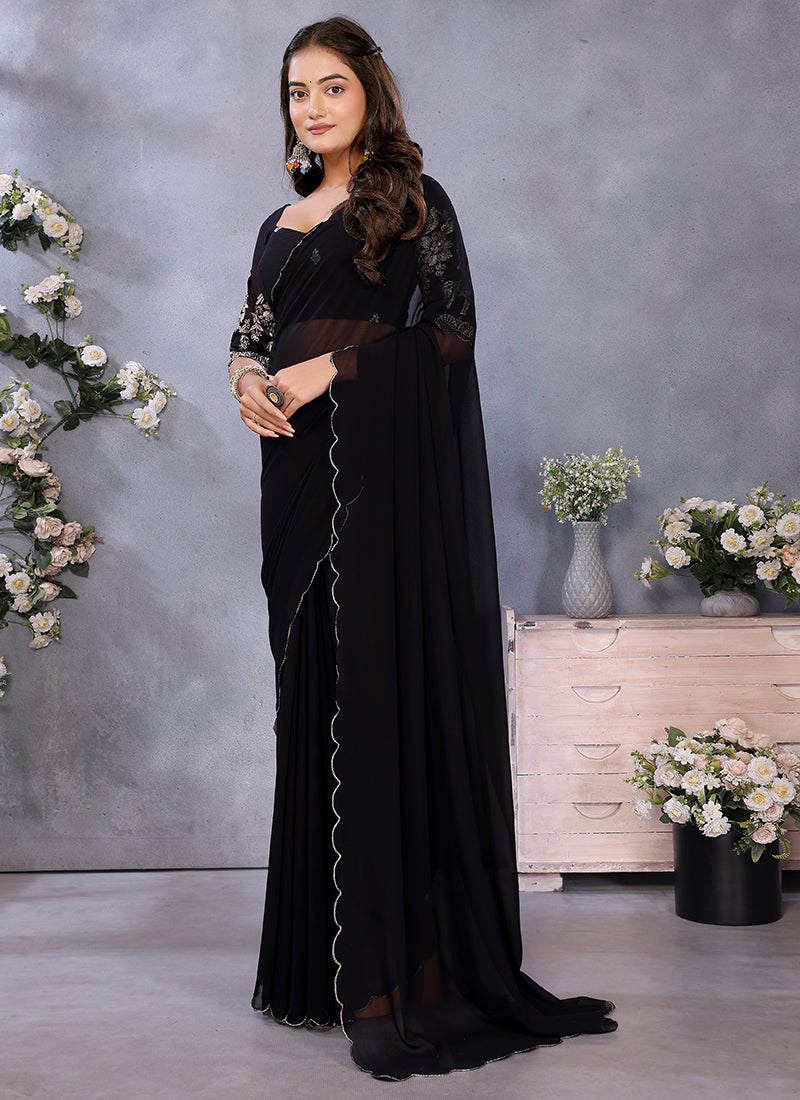 Vellora Black Georgette Embroidery Zari Work Saree - Distacart
