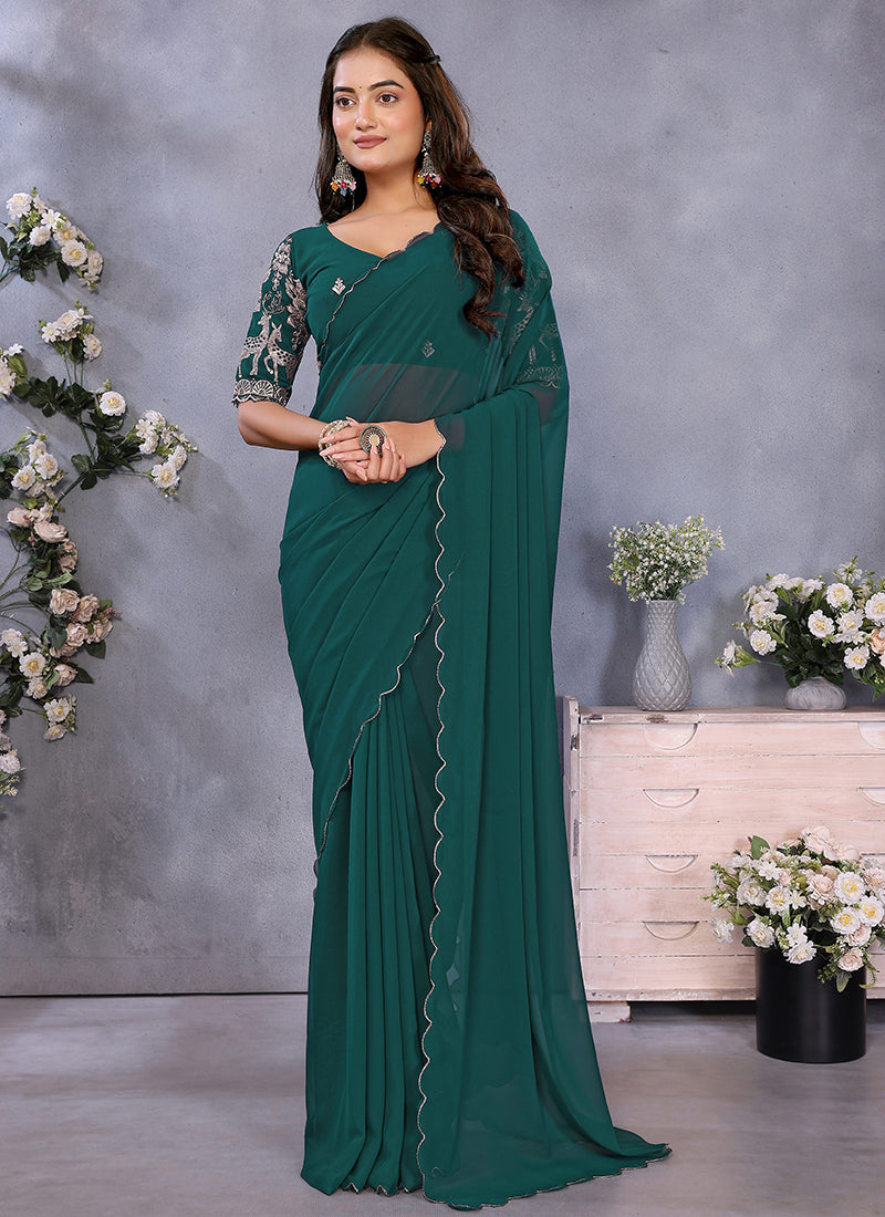 Vellora Rama Green Georgette Embroidery Zari Work Saree - Distacart