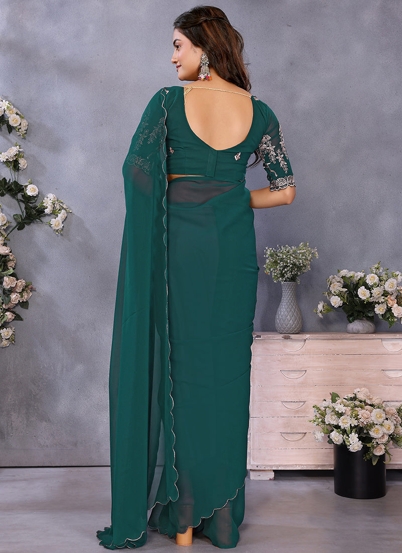 Vellora Rama Green Georgette Embroidery Zari Work Saree - Distacart