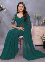 Vellora Rama Green Georgette Embroidery Zari Work Saree - Distacart