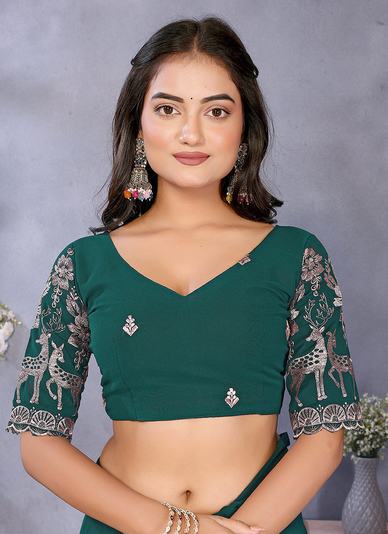 Vellora Rama Green Georgette Embroidery Zari Work Saree - Distacart