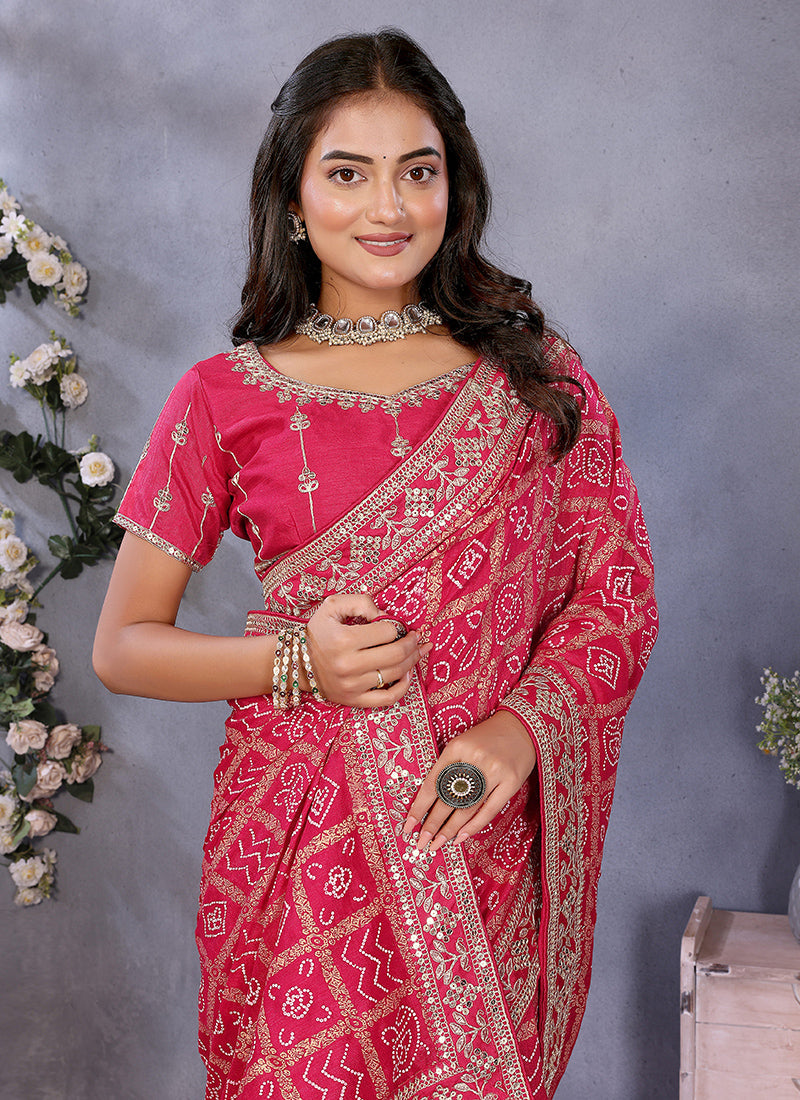 Vellora Red Vichitra Silk Foil Embroidery Codding Work Saree - Distacart
