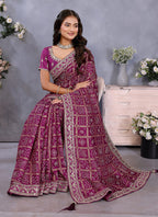 Vellora Wine Vichitra Silk Foil Embroidery Codding Work Saree - Distacart